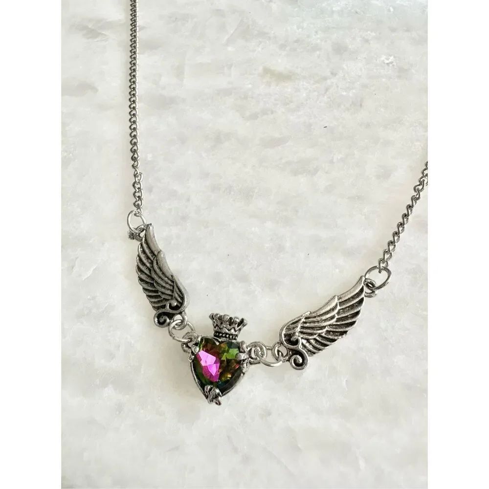 Iridescent purple heart with crown with angel wingsānecklace ļæ¼